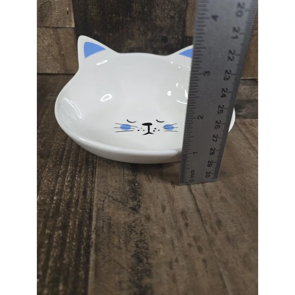 White Ceramic Cat Shaped Pet Bowl Blue Ears Sleeping Face Whisker Friendly Dish